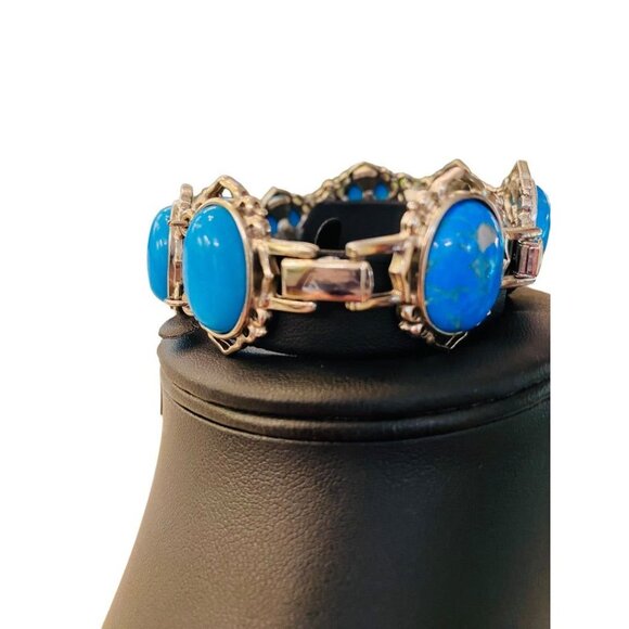 JBK Signed Faux Turquoise Link Bracelet Jacqueline Kennedy 1980s 7-8.2" Adjustab - Picture 6 of 16